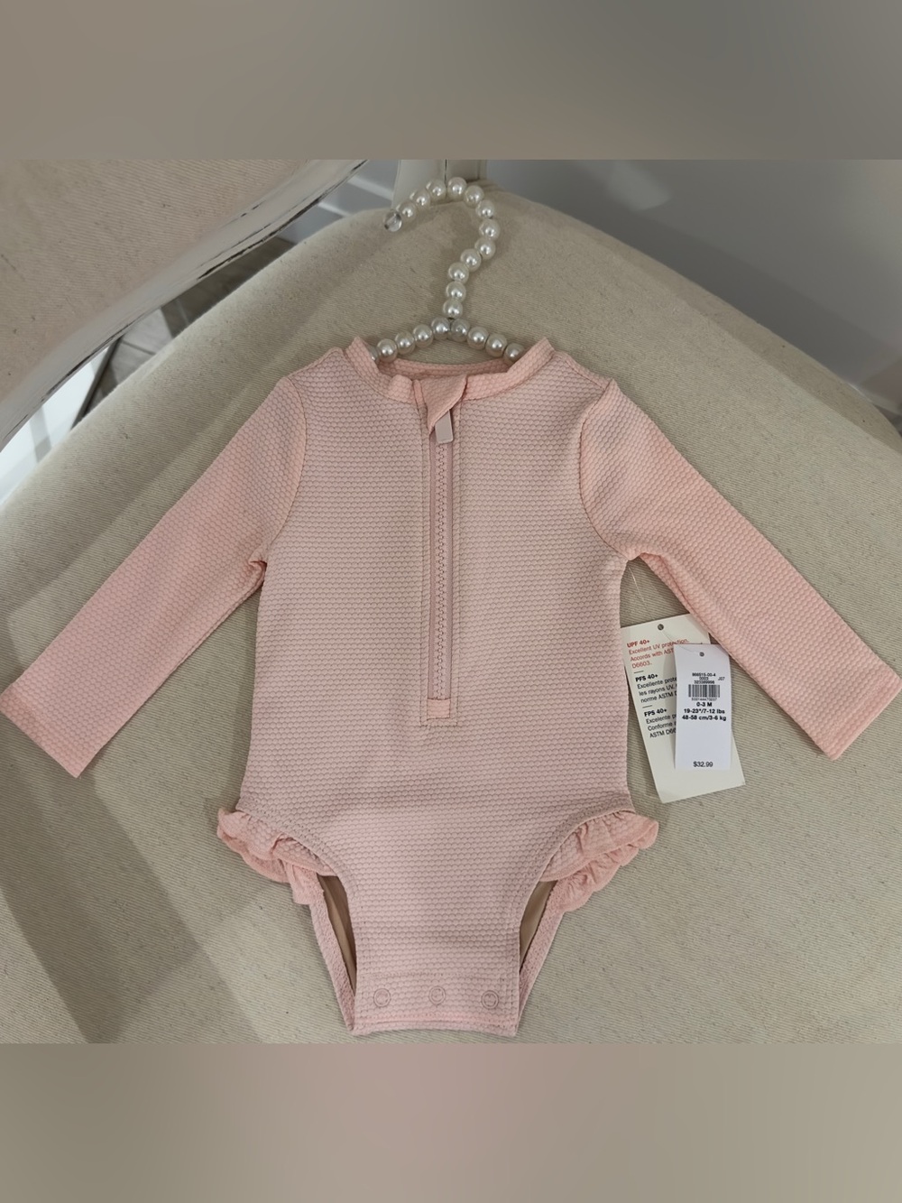 🩰 0~3 Mth Long-Sleeve Pink Ballet Baby One-Piece Swimsuit with Ruffle Trim NWT